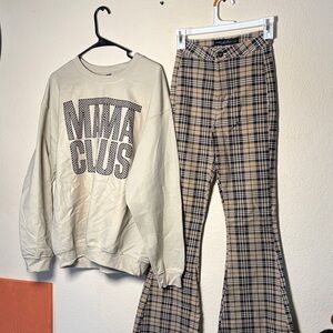Beige Mama Claus Sweatshirt and Plaid Flare Pants Set